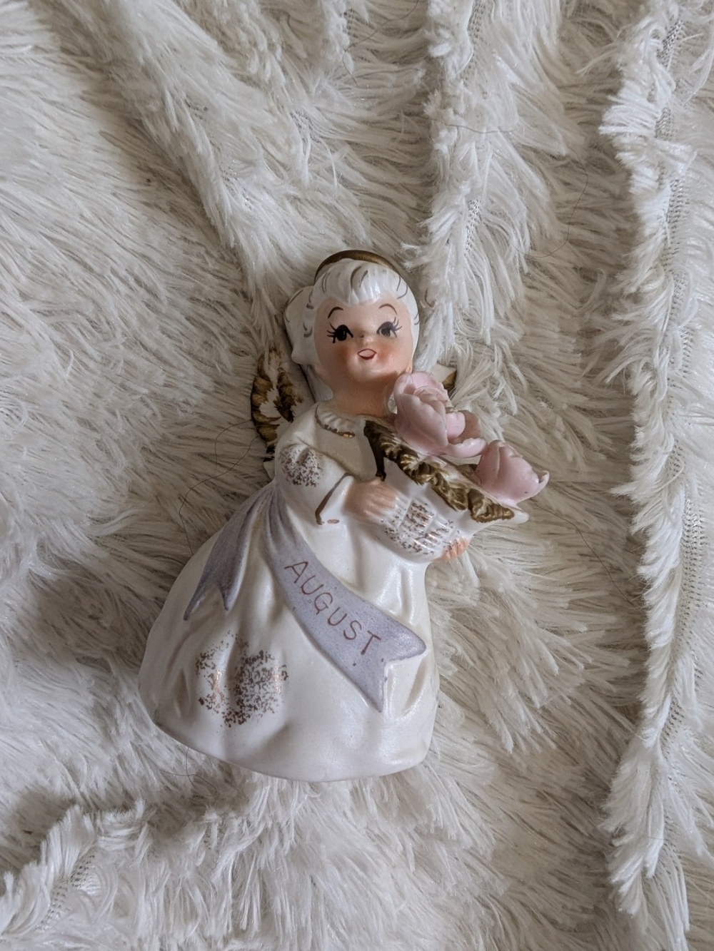 Vintage Lefton White Ceramic August Angel Figurine Sculpture Decoration